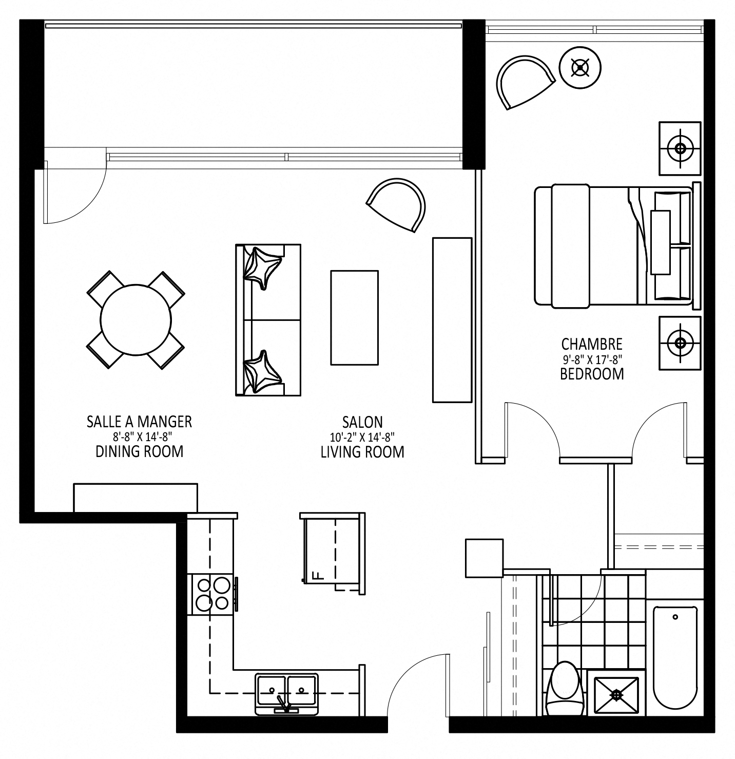 Floor plan for 1 bed, 1 bath, 715 sqft